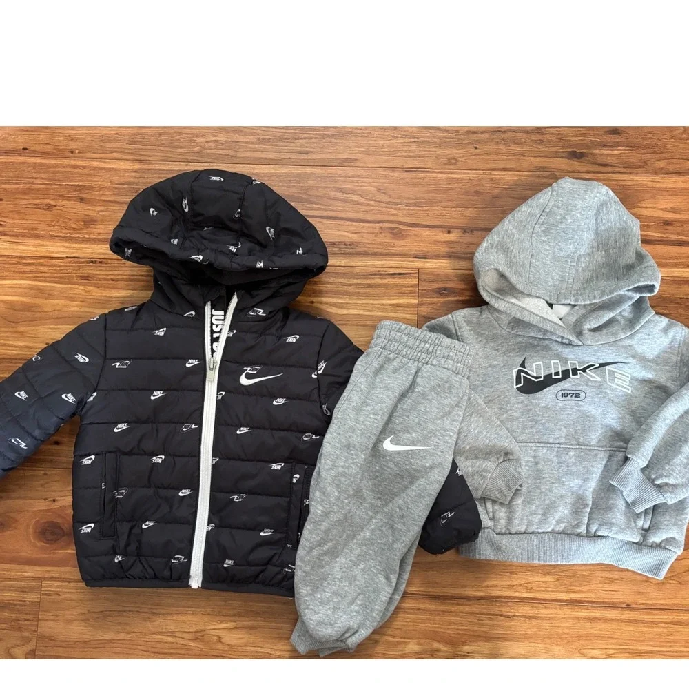 Nike Baby Boy 3pc Bundle Puffer Jacket and Gray Tracksuit Set 18M